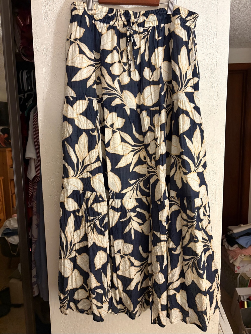 Navy and Cream Floral Tiered Maxi Skirt with Drawstring Waist